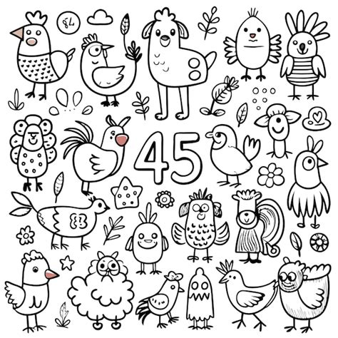 Ilustración de varios pollos y gallinas en una granja, listos para colorear