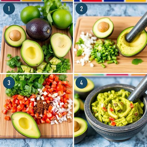 Esquema visual que muestra los pasos para preparar un guacamole casero saludable.