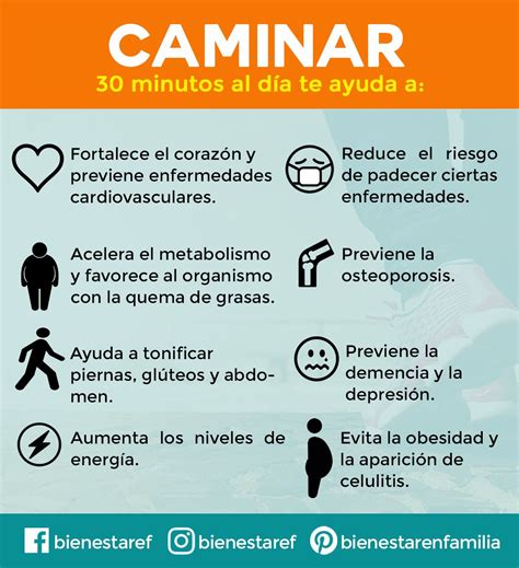 Infografía que muestra los beneficios de caminar 30 minutos al día, incluyendo reducción de presión arterial y mejora en salud mental