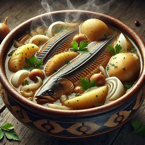 Fotografía gastronómica de un plato de caldillo de jurel caliente y bien servido con hierbas frescas por encima