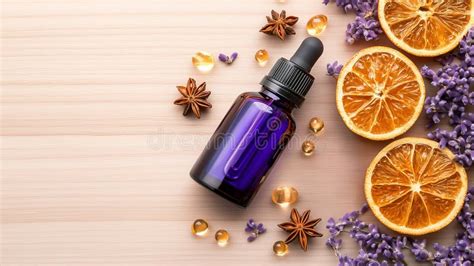 Botellas de aceites esenciales de lavanda y naranja dulce