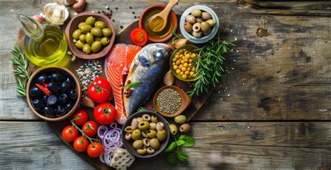 Foto de una dieta mediterránea con abundancia de verduras y aceite de oliva