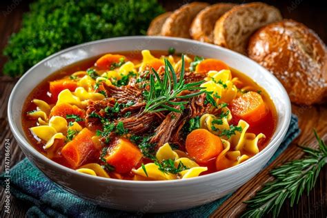 Fotografía de una sopa casera servida en un tazón con vegetales frescos alrededor