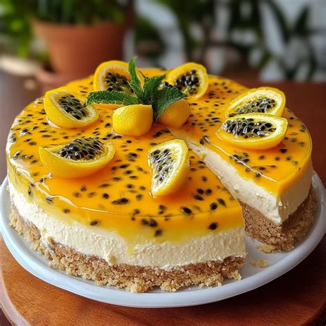cheesecake de maracuyá y frambuesa presentado en una mesa