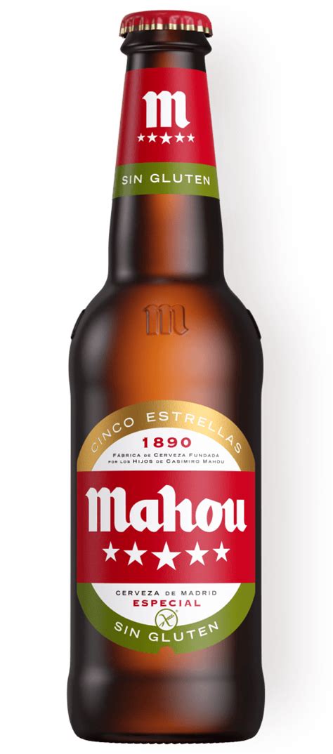 Imagen de una botella y lata de Mahou Sin Gluten con franja verde