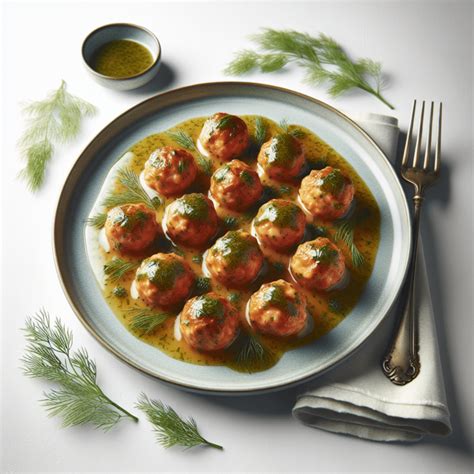 Plato de albóndigas de salmón con salsa de eneldo, decorado con ramitas de eneldo
