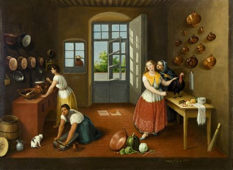 ilustración histórica de una cocina del siglo XIX, con una criada cocinando