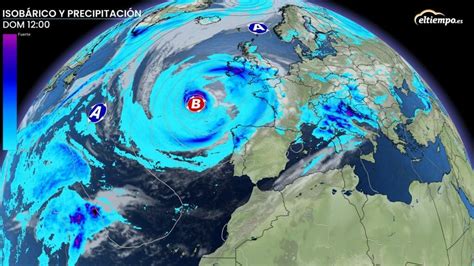 Mapa meteorológico mostrando la trayectoria de una borrasca y la previsión de precipitaciones