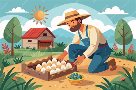 Ilustración de un personaje de Vintage Story recolectando bayas y pescando en un entorno de juego temprano.