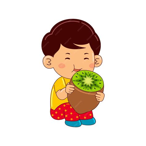 Ilustración de un niño comiendo kiwi con energía.