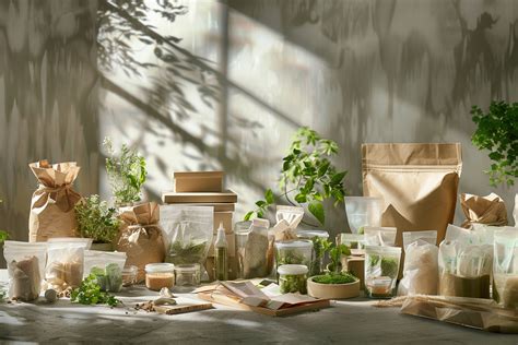 Ilustración de envases biodegradables y compostables para productos alimenticios