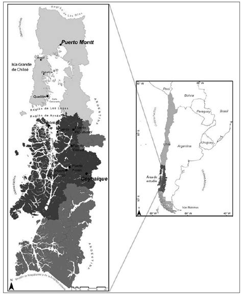 Mapa de las regiones productoras de salmón en el sur de Chile