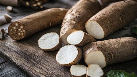Fotografía de raíces de yuca frescas y planta de yuca