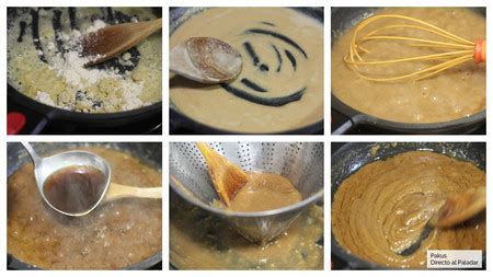 Esquema de la preparación paso a paso de la salsa española (roux, vegetales y fondo oscuro)