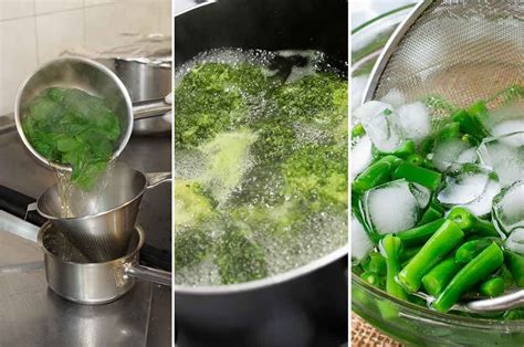 Infografía que muestra el proceso de blanqueado de vegetales verdes y el batido de huevos para tortilla