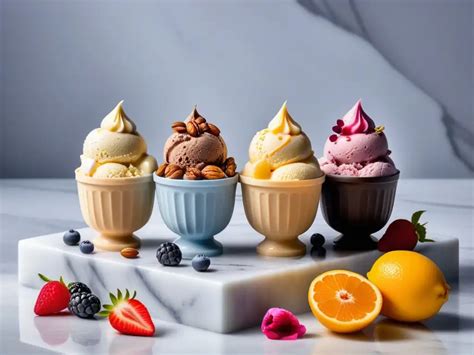 Imagen de una selección de helados veganos artesanales con frutas frescas y frutos secos.