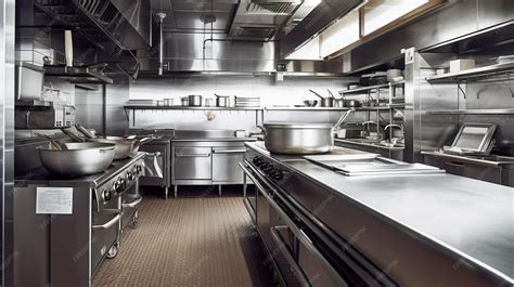 Foto de una cocina industrial limpia y organizada para preparación de alimentos