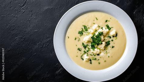 Foto: Presentación elegante de una sopa de coliflor cremosa servida en un tazón