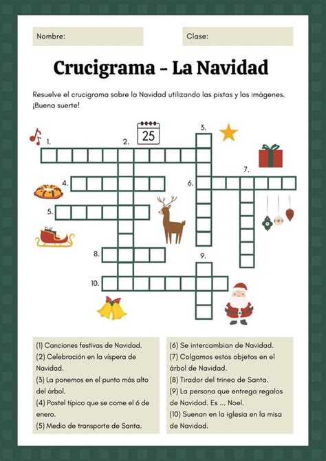 Diseño gráfico de una ficha escolar navideña con un crucigrama y una sopa de letras que incluye ilustraciones de elementos religiosos y festivos
