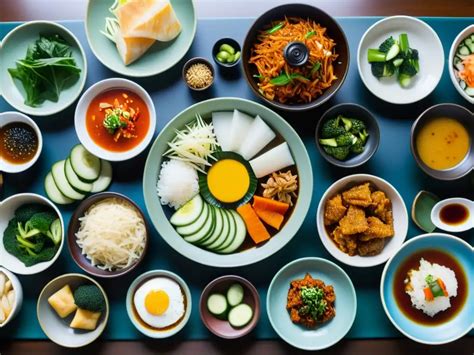 Mesa tradicional coreana con varios platos veganos de cocina de templo