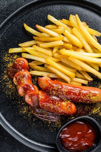 Currywurst servido con papas fritas