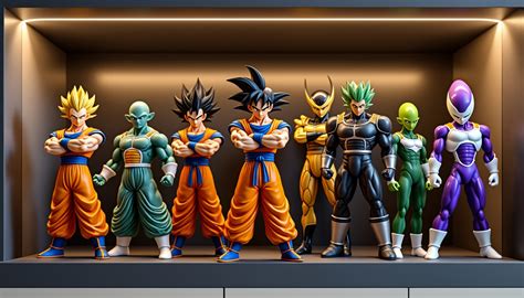 Diseño de banner promocional de figuras de Dragon Ball Z con una bandeja de exhibición