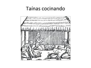 Ilustración de indígenas taínos cocinando en una estructura de palos