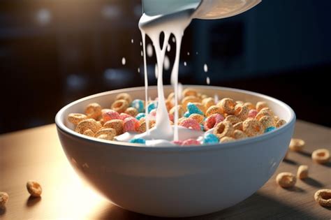 Esquema de un tazón de cereales con leche con sus componentes principales etiquetados en inglés