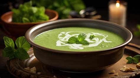 Plato gourmet con sopa de menta y elementos de piña