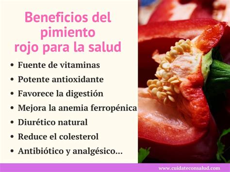 Infografía que muestra los principales beneficios del pimiento rojo para la salud (corazón, vista, piel, digestión).