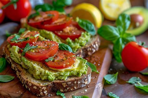 Fotografía profesional de una tostada de aguacate con semillas y tomate.
