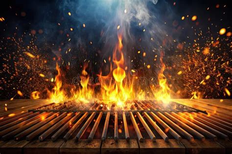 Ilustración de una parrilla con brasas encendidas y cortes de carne listos para cocinar.