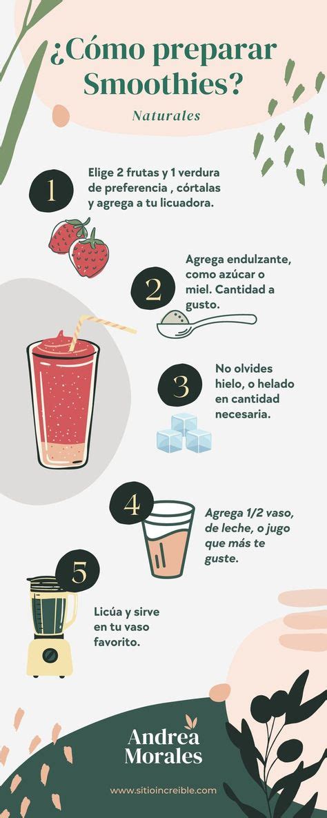 Infografía con ejemplos de recetas de smoothies: ingredientes, beneficios específicos y combinación sugerida.