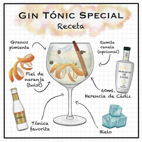 Esquema de los ingredientes básicos de un gin tonic