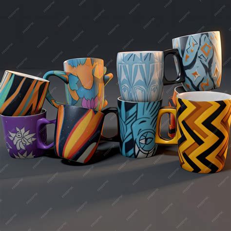 Ilustración de diferentes tazas de cerámica pintadas con diseños variados.
