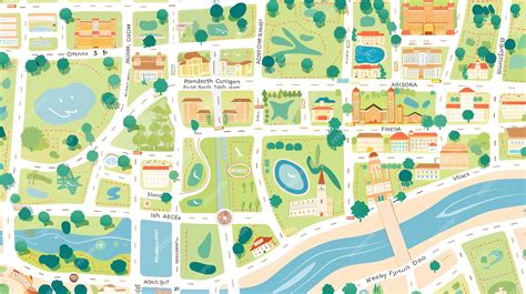 Ilustración conceptual de la ciudad ficticia de Ventura y la fábrica de chocolates