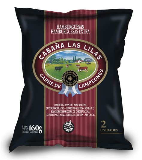 Fotografía de alta calidad del empaque de hamburguesas Cabaña Las Lilas, mostrando la textura de la carne cruda y el sello de calidad de la marca.