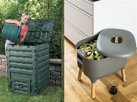 Compostador de polipropileno de Bricomed, con puerta inferior para extraer el compost (izquierda). Vermicompostador Urbalive para instalar dentro de casa (derecha).