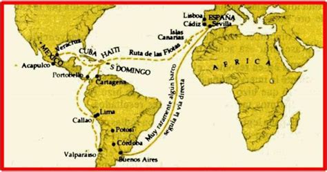 Mapa antiguo mostrando las rutas comerciales del cacao entre América y Europa.