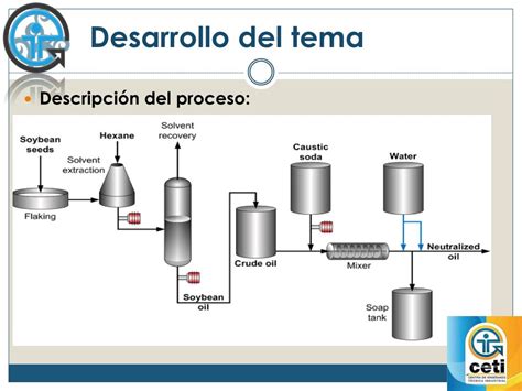 Diagrama del proceso de extracción de aceite de soja y obtención de subproductos (expeller, harina, pellets).