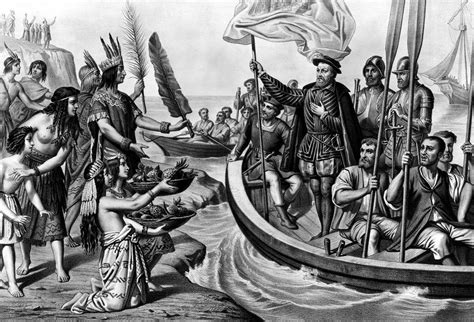 Ilustración de la época mostrando la llegada de los españoles y la interacción con los pueblos originarios.