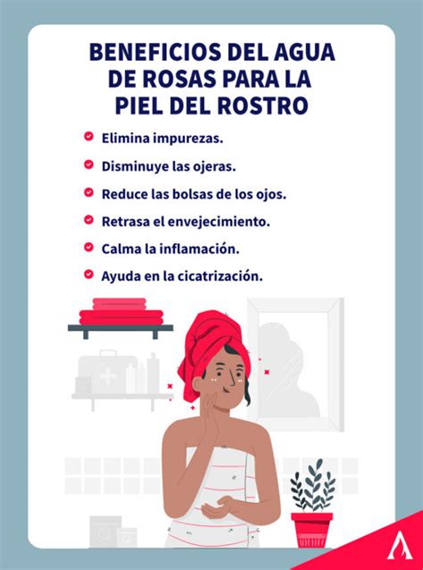 Infografía mostrando los beneficios del agua de rosas en un rostro
