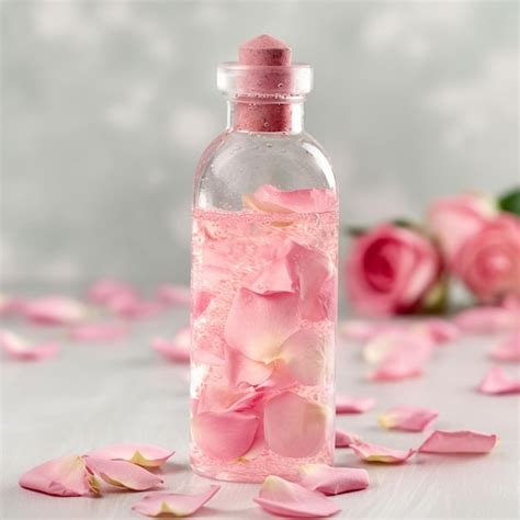 Foto de agua de rosas en una botella de cristal con pétalos flotando