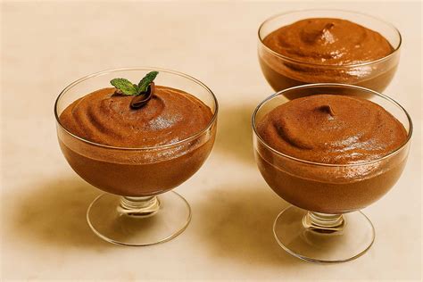 Ilustración de una copa de mousse de chocolate con textura aireada y decoraciones.