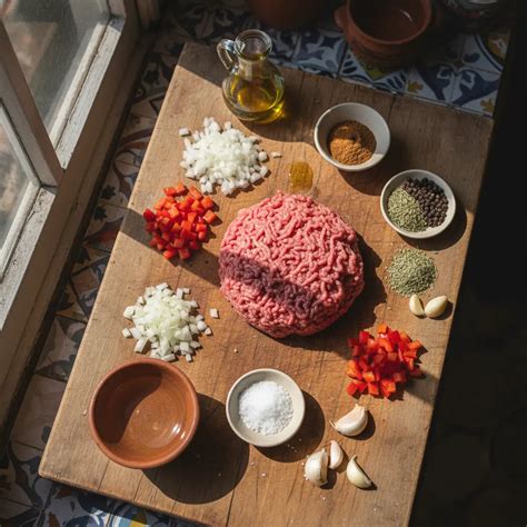 Ingredientes frescos para preparar empanadas: carne picada, cebolla, aceitunas, huevos, pasas, harina y manteca