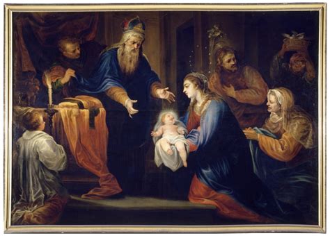 Representación artística de la presentación de Jesús en el templo, con María y José.