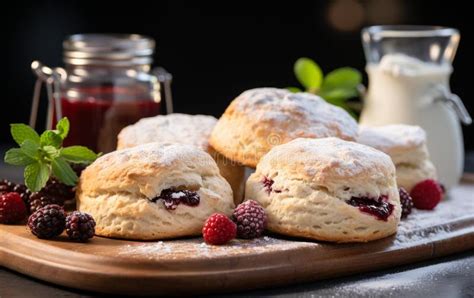 Ilustración de scones dulces recién horneados con mermelada y mantequilla.