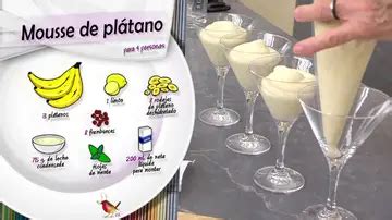Infografía con los ingredientes básicos para la mousse de plátano: plátano maduro, nata montada, azúcar.