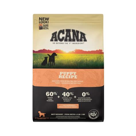 Infografía que muestra la composición equilibrada de Acana Puppy: 65% ingredientes animales y 35% frutas, verduras y nutrientes.