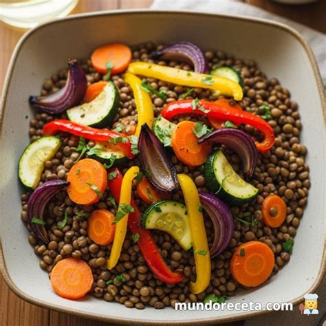 Plato de ensalada templada de lentejas con verduras asadas.